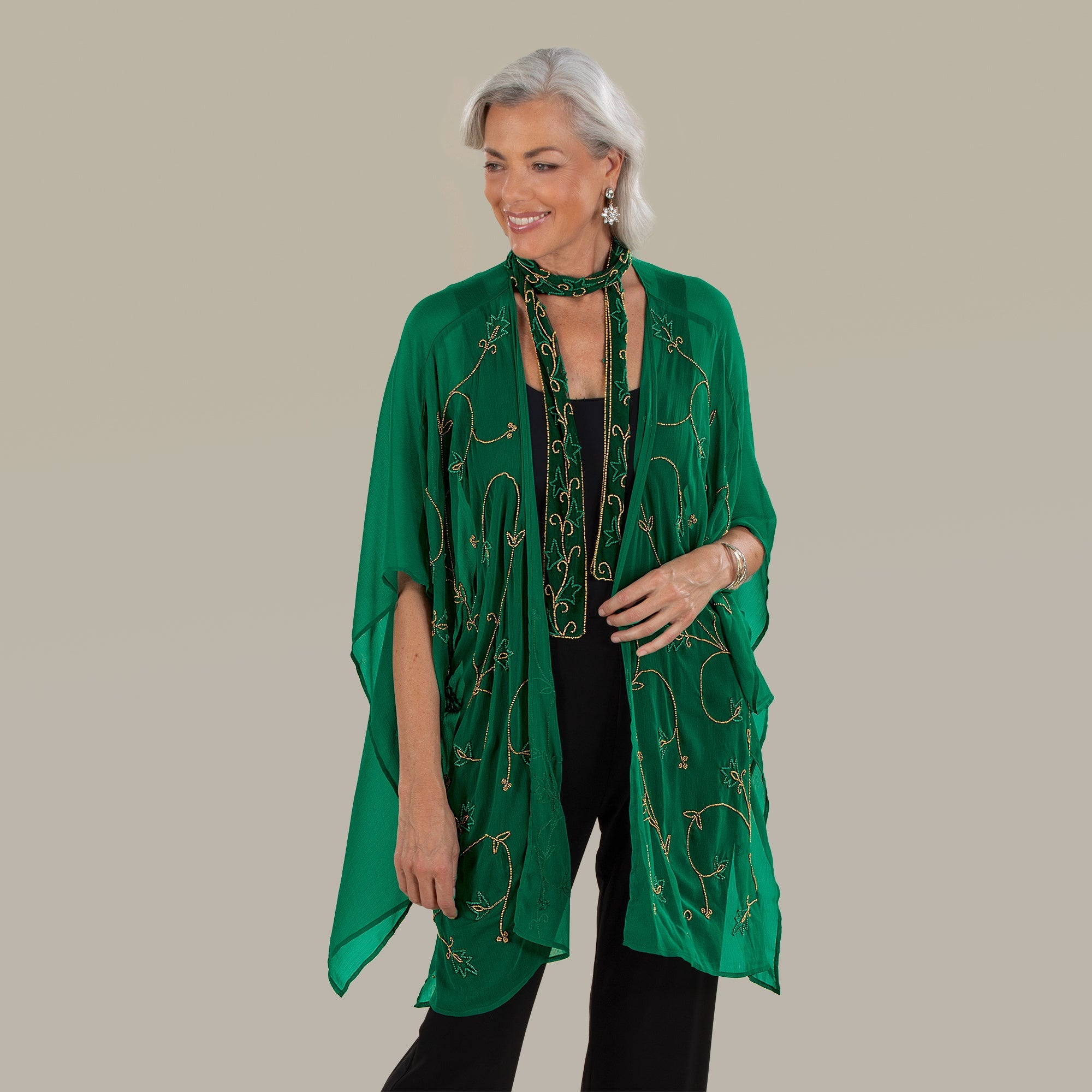 Hand-Beaded Sheer Emerald Kimono (Preorder)