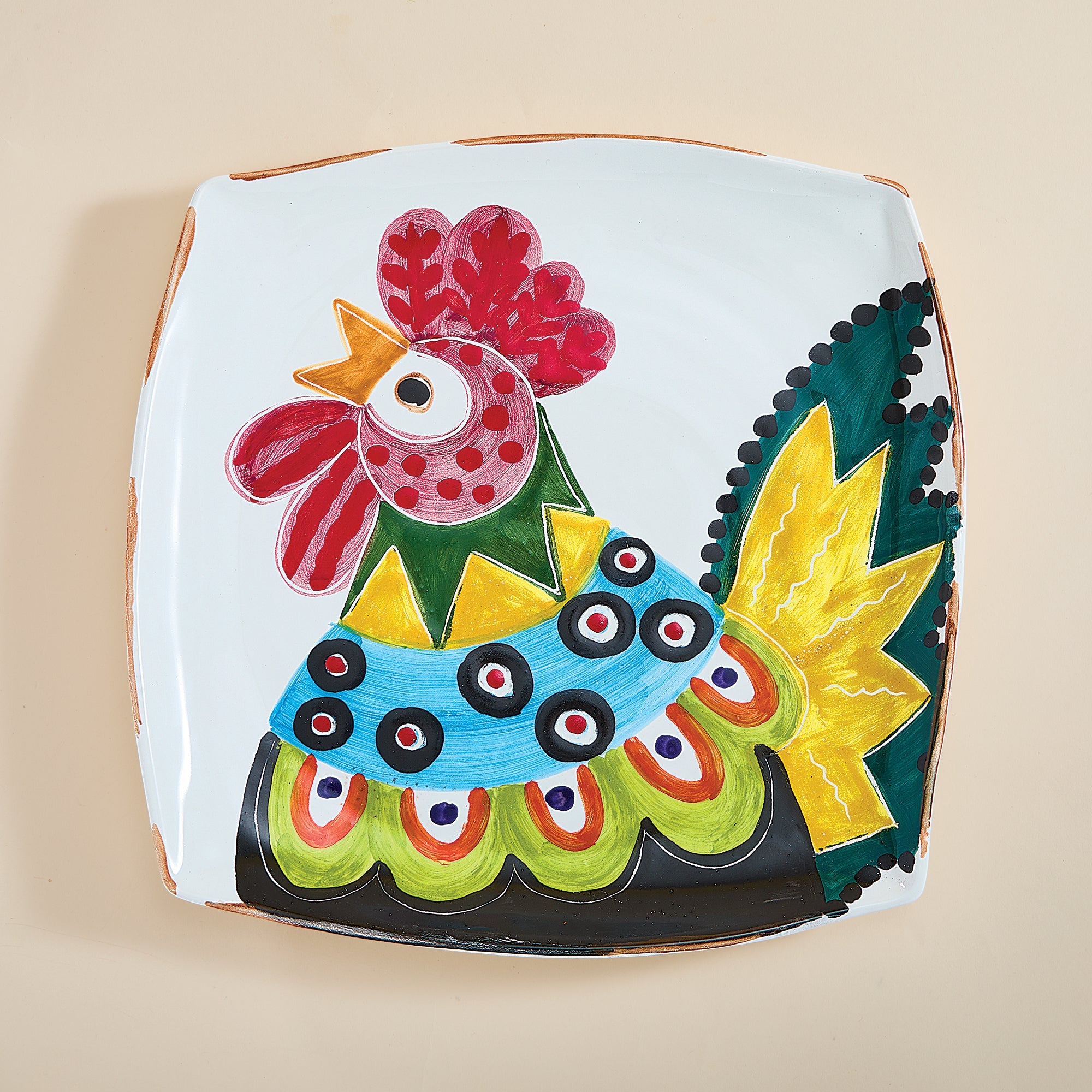 Rainbow Rooster Ceramic Platter