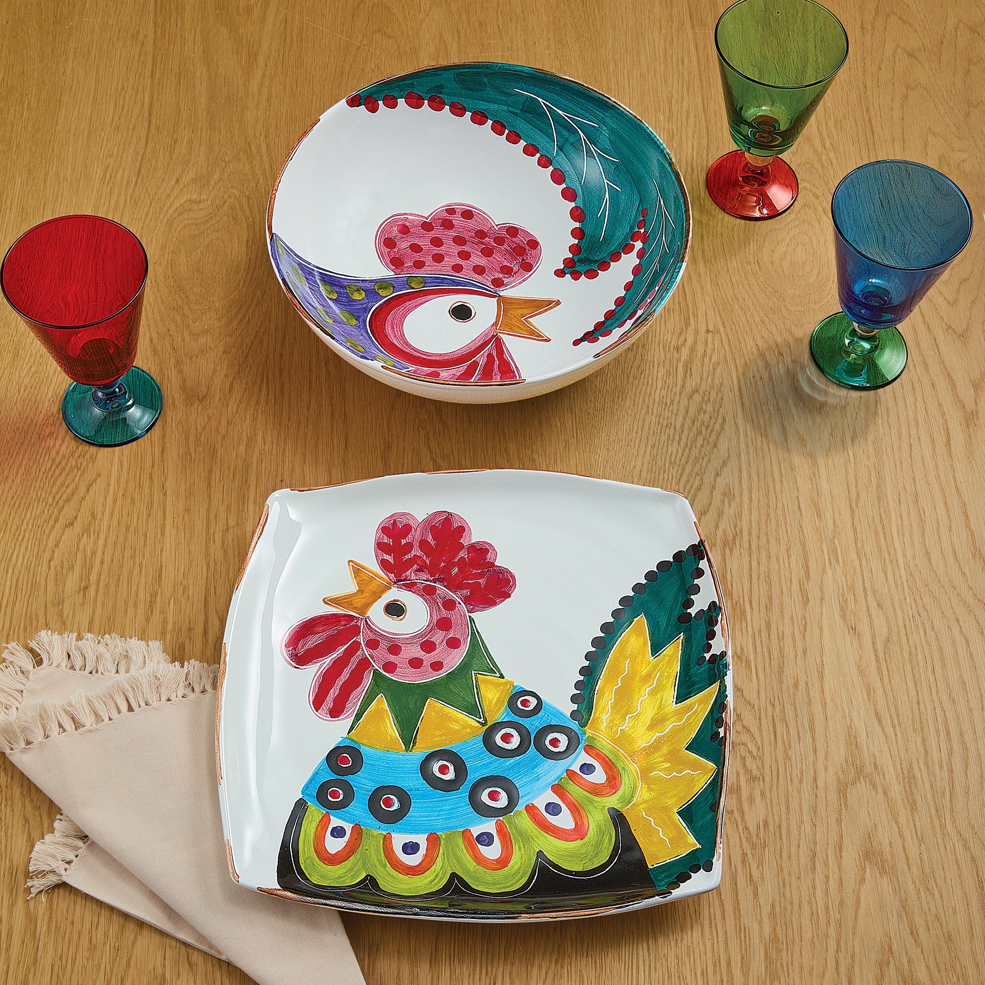 Rainbow Rooster Ceramic Platter