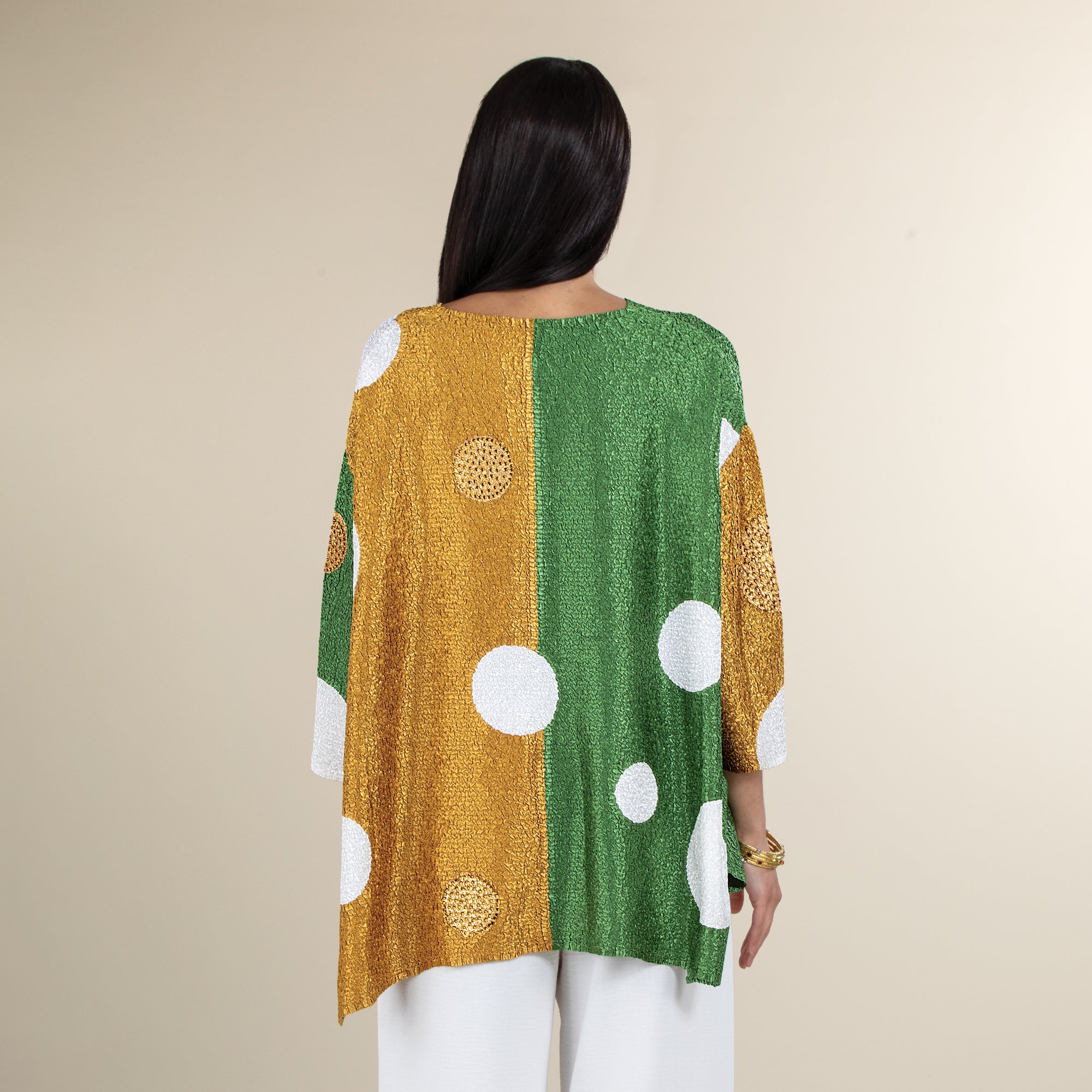 White Dots On Green & Gold Metallic Color Blocks Crinkle Tunic (Preorder)