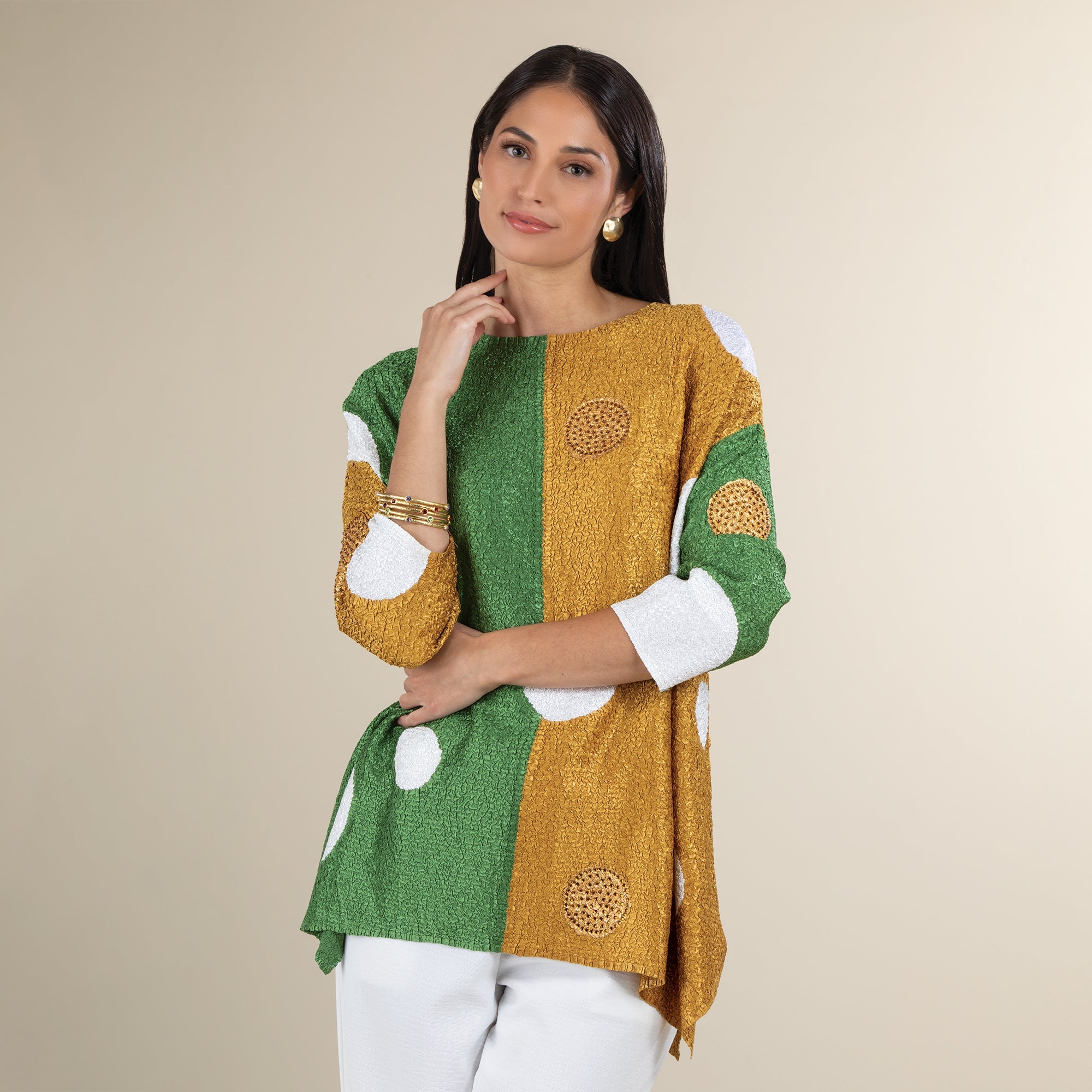 White Dots On Green & Gold Metallic Color Blocks Crinkle Tunic (Preorder)