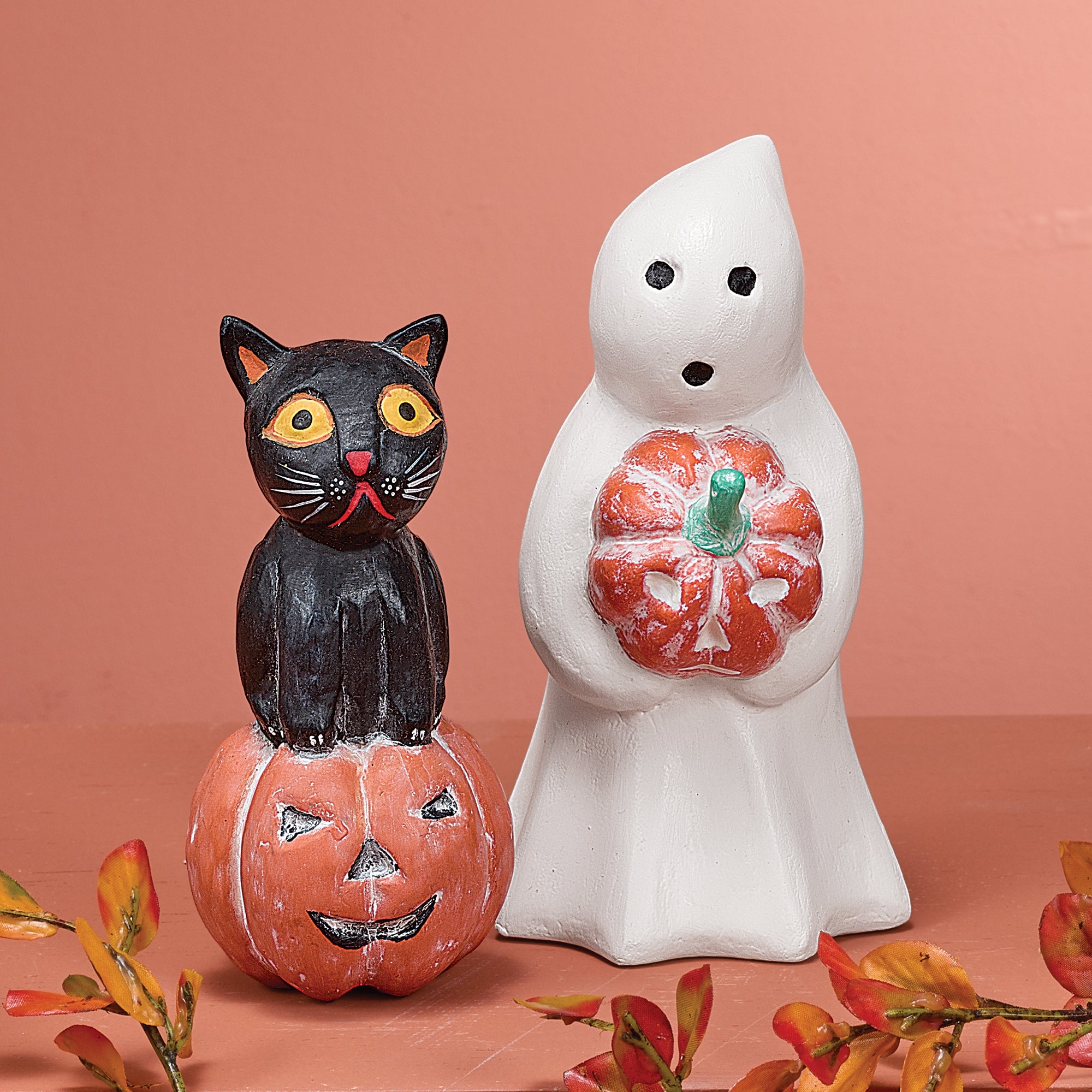 Hand-Carved Black Cat on Pumpkin Figurine