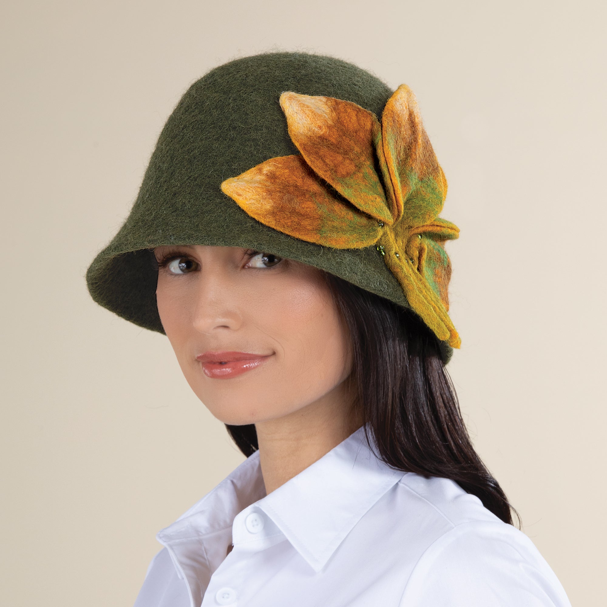 Evie Leaf Design Green Wool Cloche (Preorder)