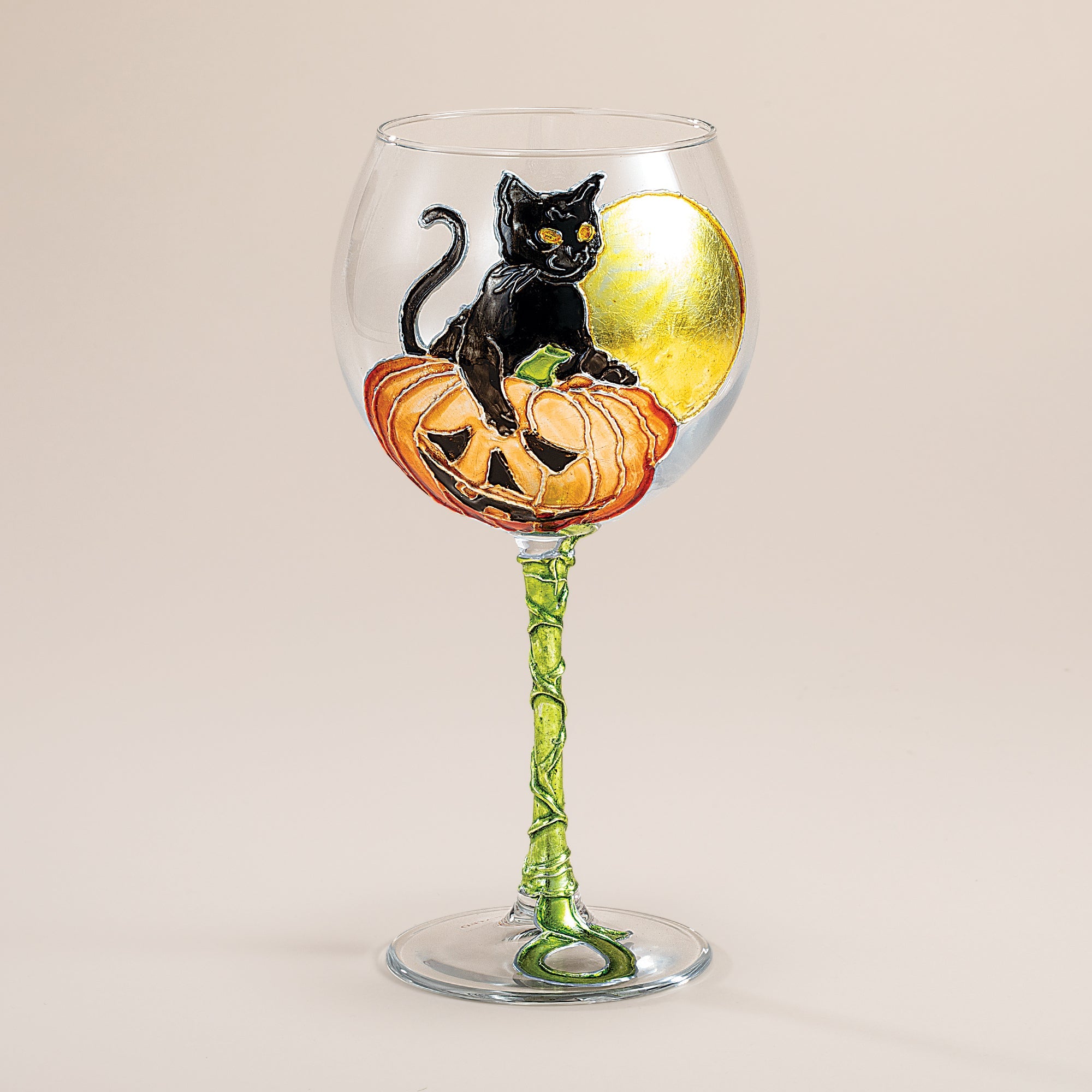 Hand-Gilded Diva Cat on Pumpkin Wine Glass