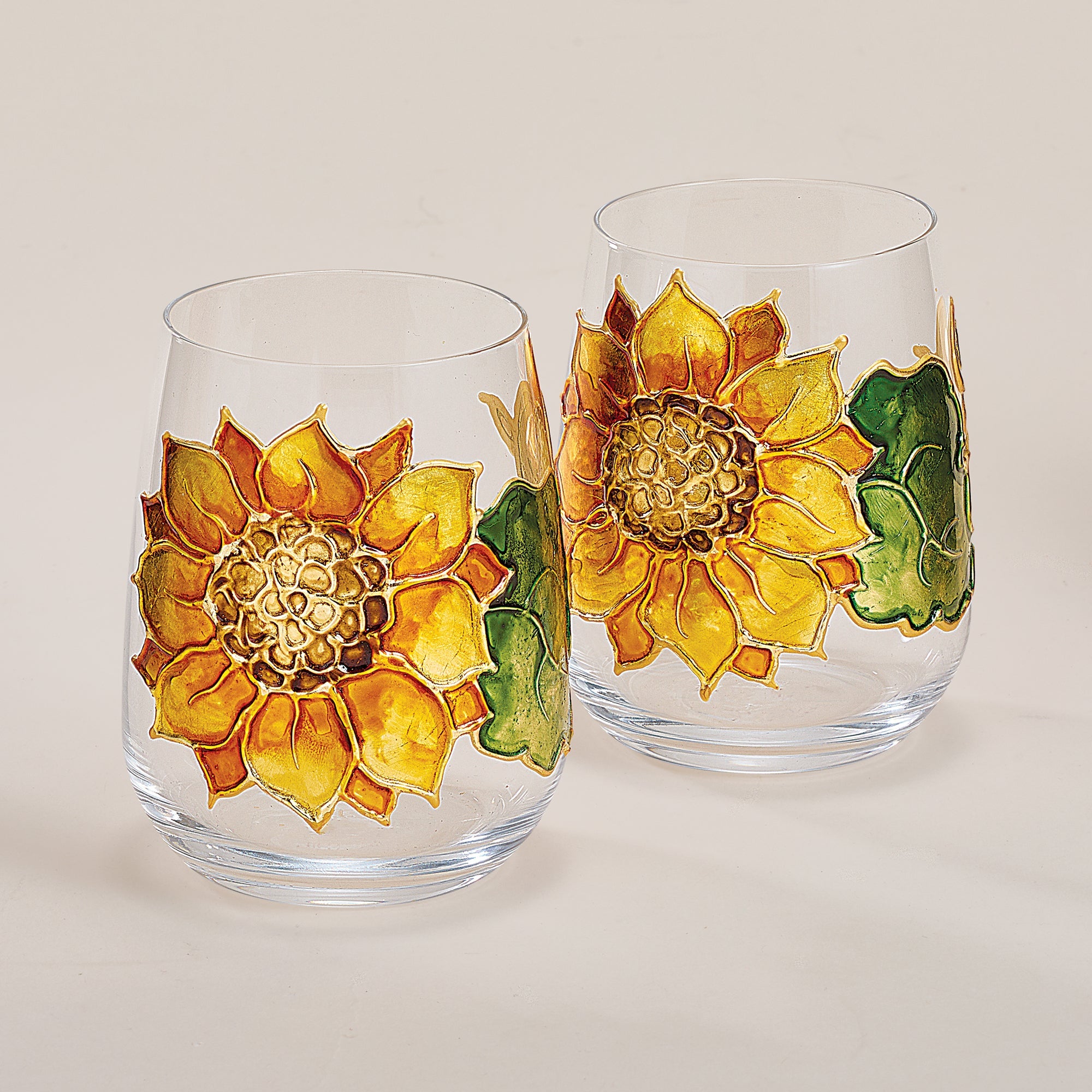 Hand-Gilded Sunflower Stemless Glass