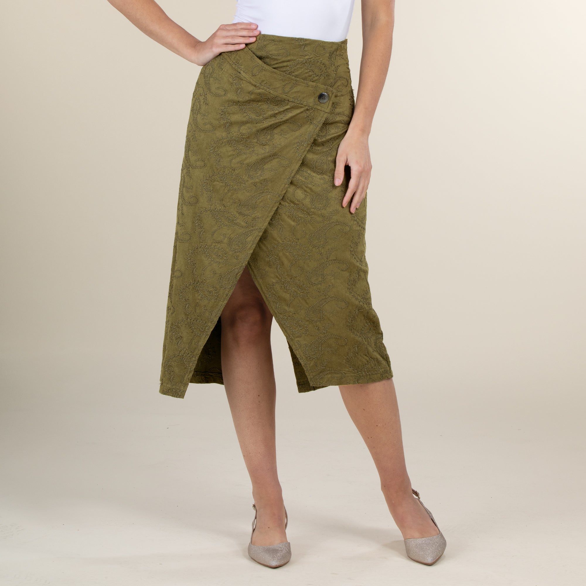 Paisley Patterned Olive Green Suede Faux Wrap Skirt