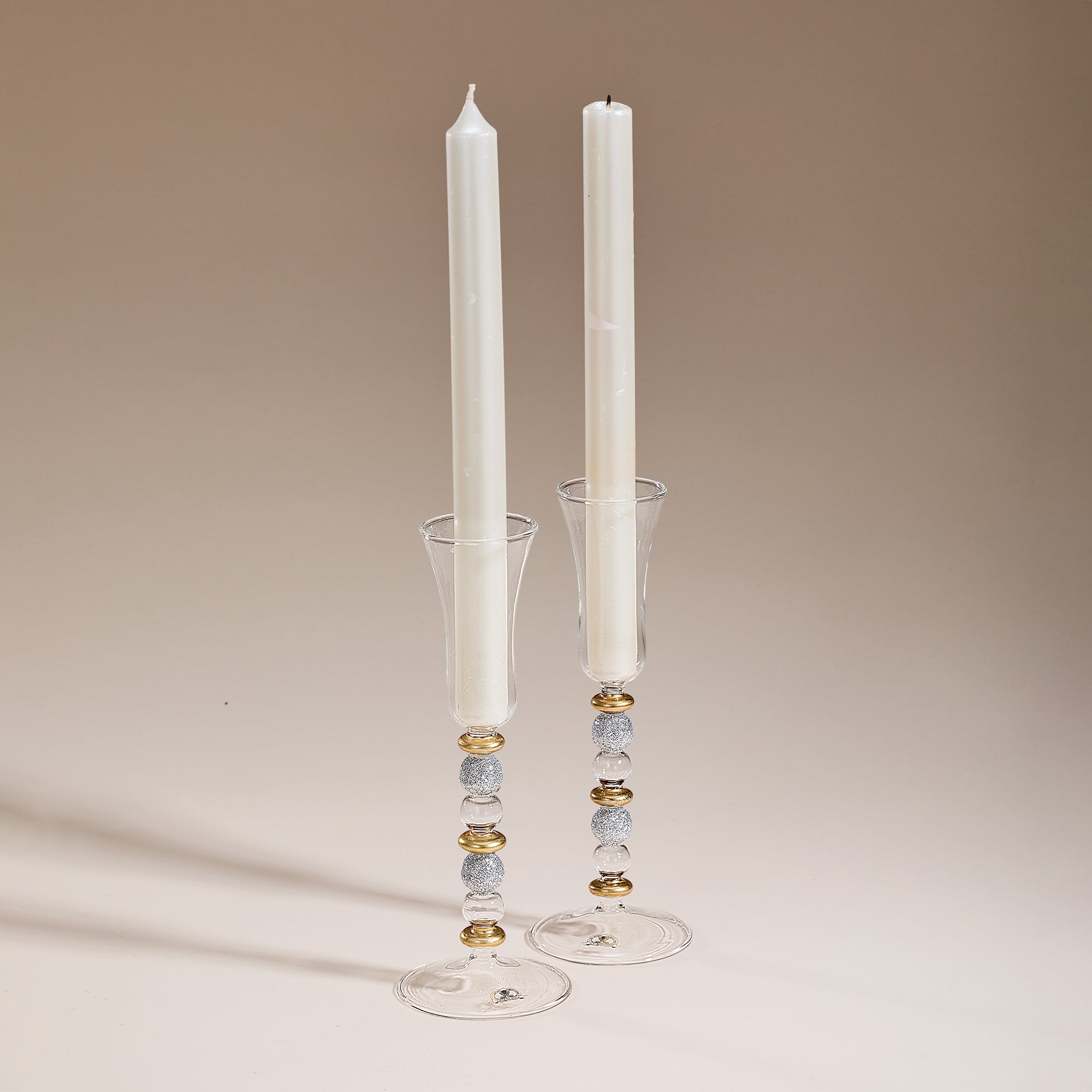 Hand-Blown Venetian Glass Silver & Gold Candlestick Holders Set Of 2