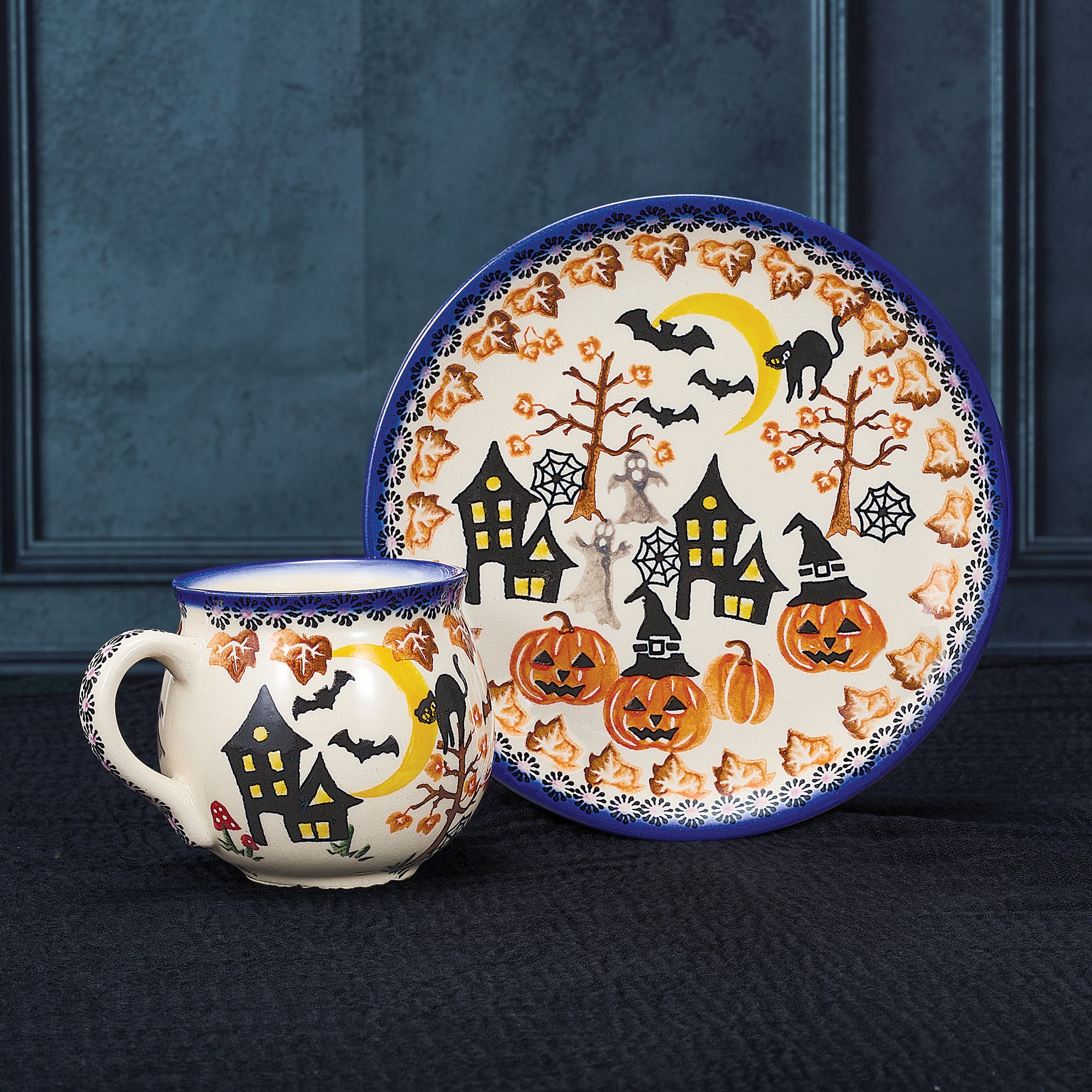 Polish Pottery Enchanting Pumpkins Mug & Plate Set