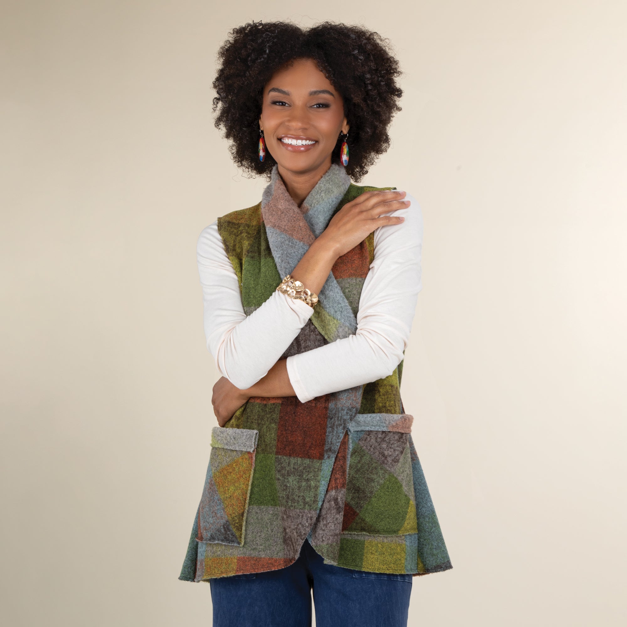 Cozy Plaid Fleece Open Front Vest