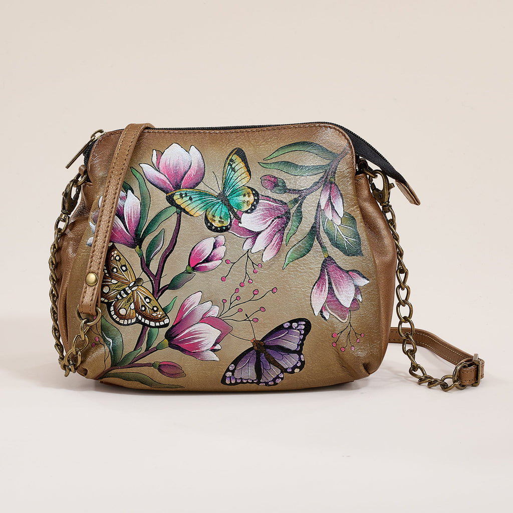 Hand-Painted Butterflies & Crocuses Crossbody
