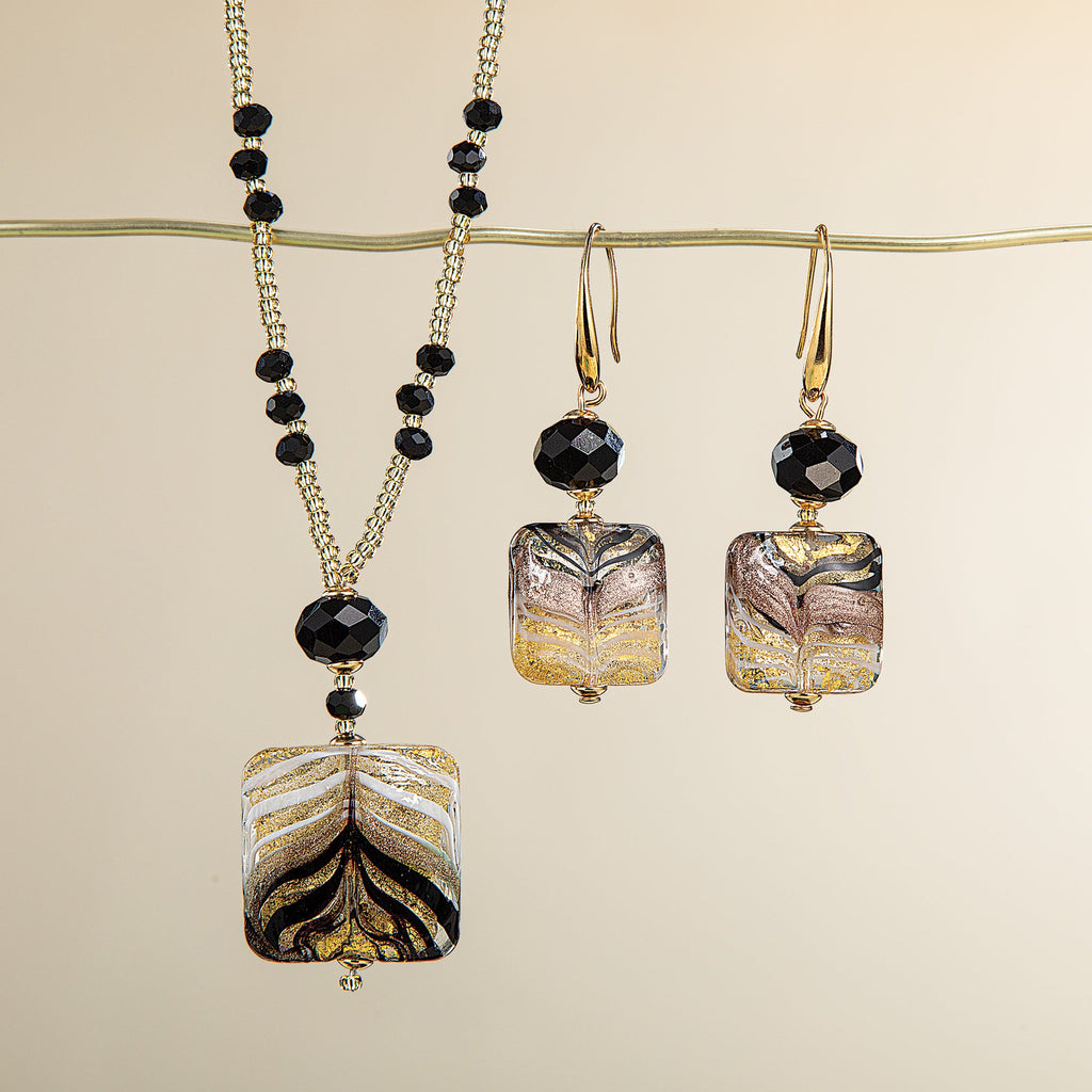 Bellissima Murano Glass Black & Gold Necklace & Earrings Set