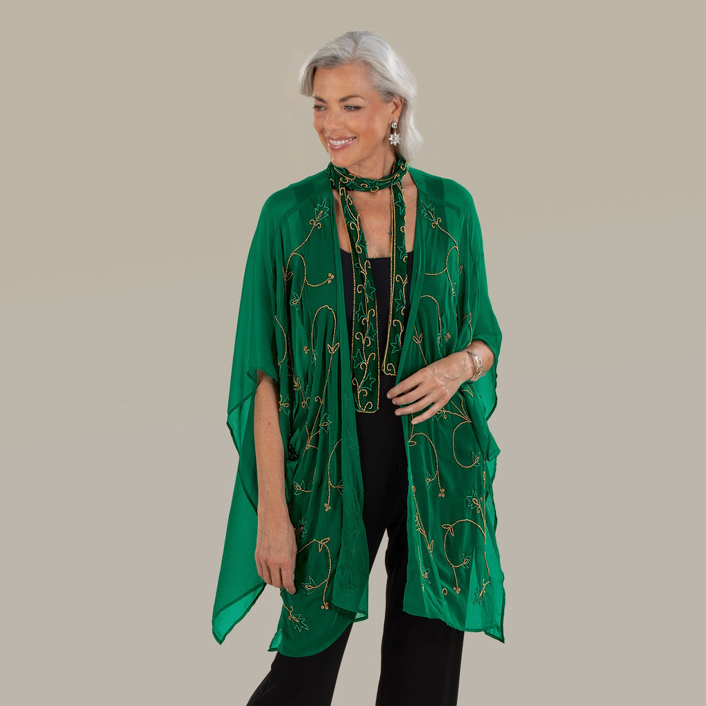 Hand-Beaded Sheer Emerald Kimono (Preorder)