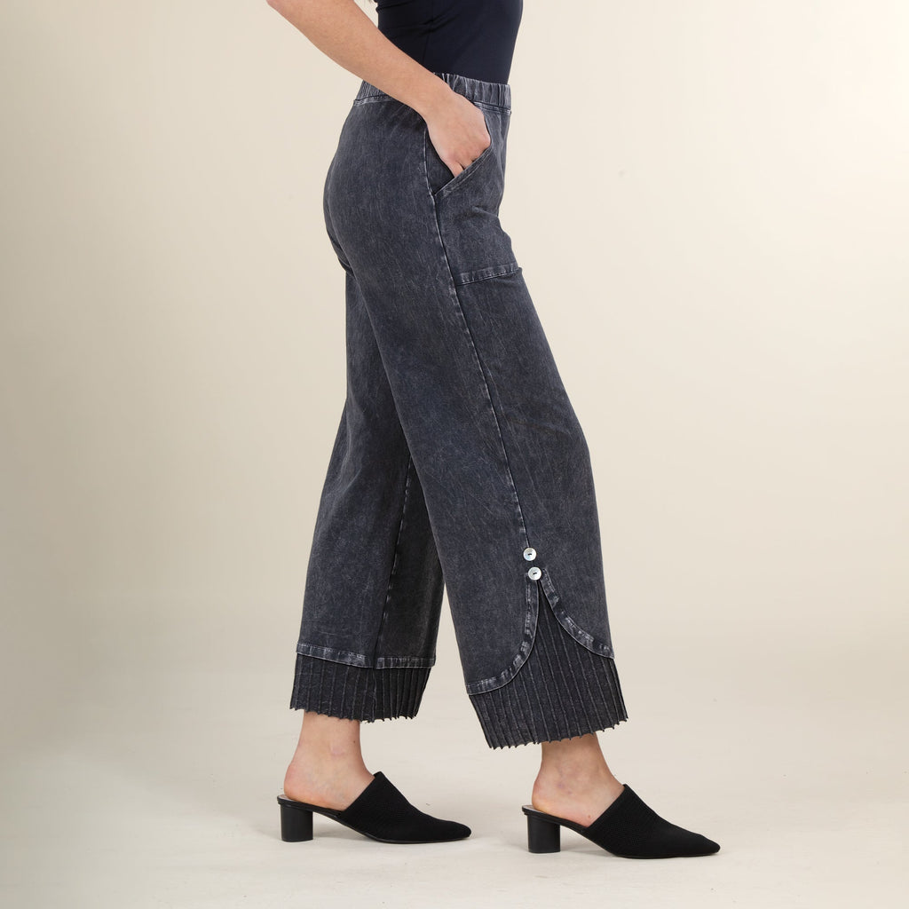 Wide Leg Black Mineral Wash Pleated Pants