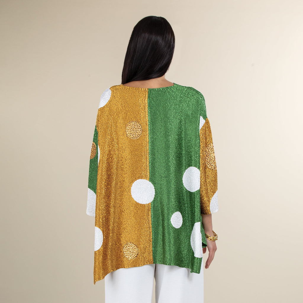 White Dots On Green & Gold Metallic Color Blocks Crinkle Tunic (Preorder)