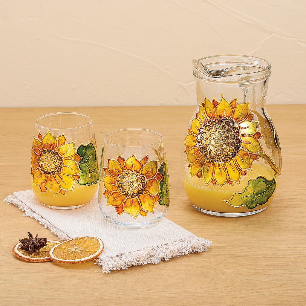 Hand-Gilded Sunflower Glass Pitcher