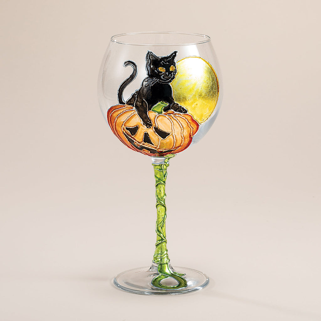 Hand-Gilded Diva Cat on Pumpkin Wine Glass