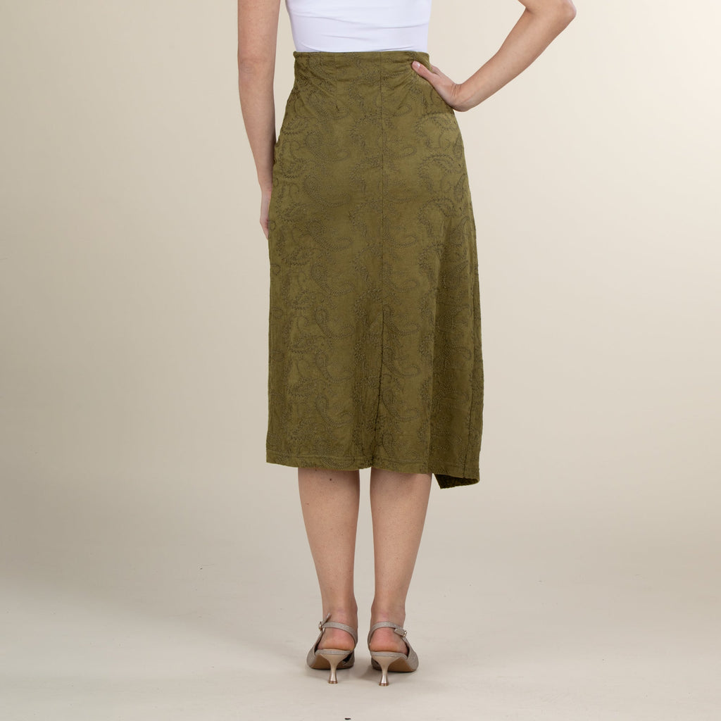 Paisley Patterned Olive Green Suede Faux Wrap Skirt