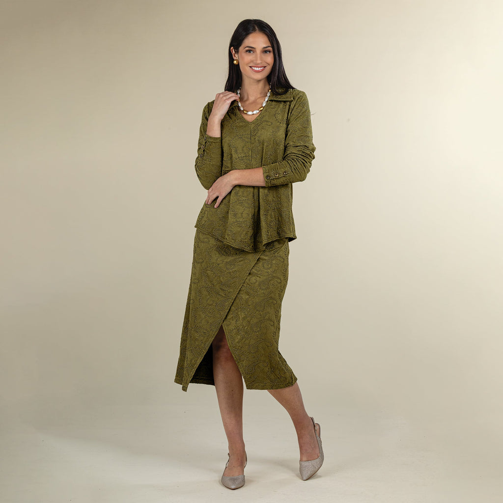 Paisley Patterned Olive Green Suede Popover Blouse