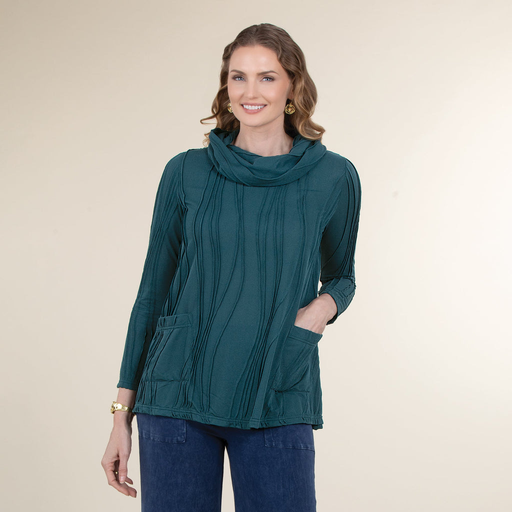 Teal Textured Cowl Neck Tunic